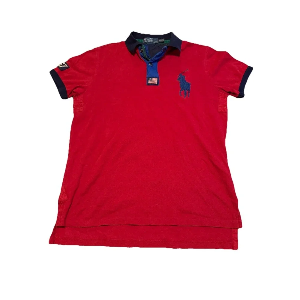 Vintage Ralph Lauren Polo Shirt M Big Pony American Flag 67 Rugby Snap Zip Patch